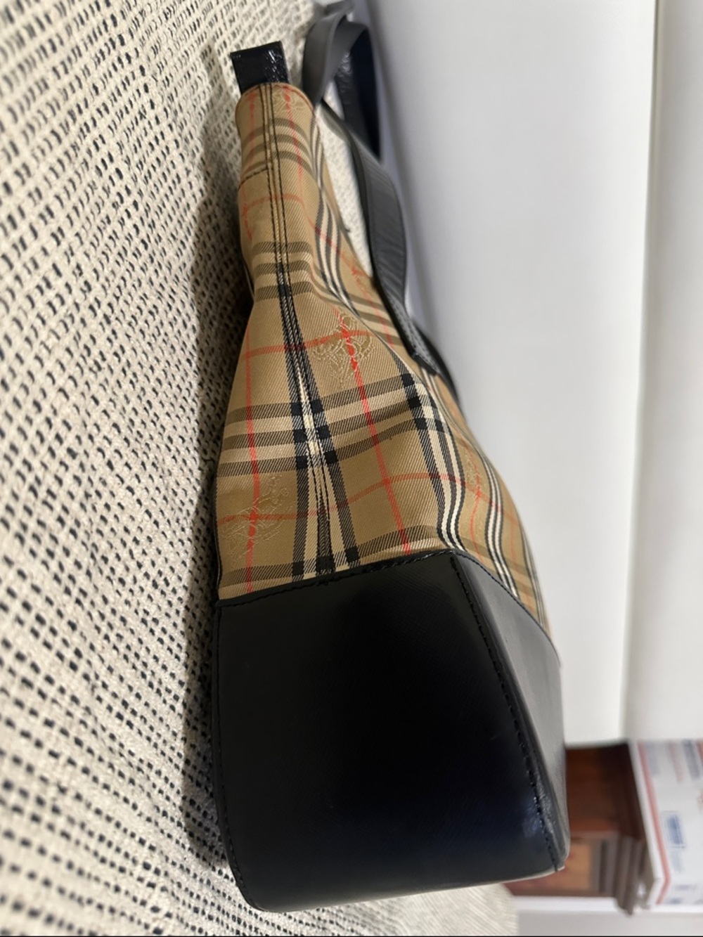 Burberry Classic Check Canvas Tote Bag with Black Leather Trim - Picture 4 of 15